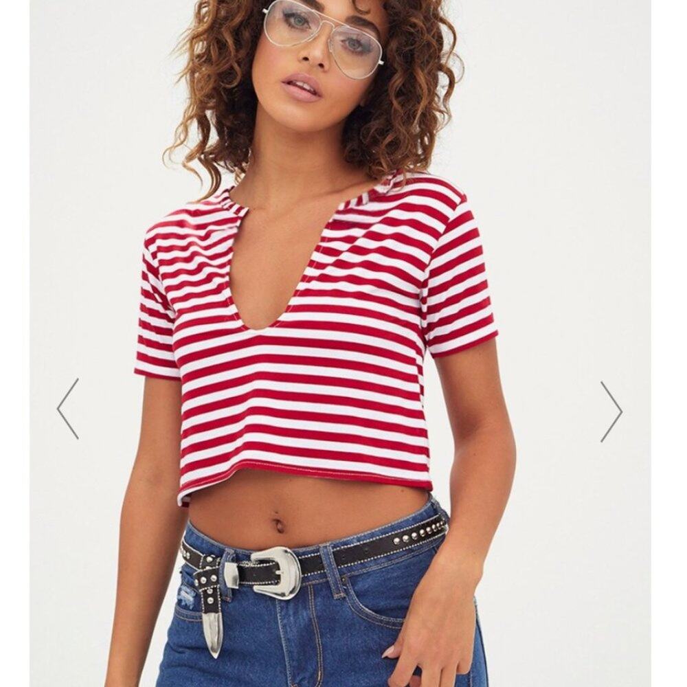 PrettyLittleThing Red + White Striped Cropped Split V Neck Short Sleeve Tee